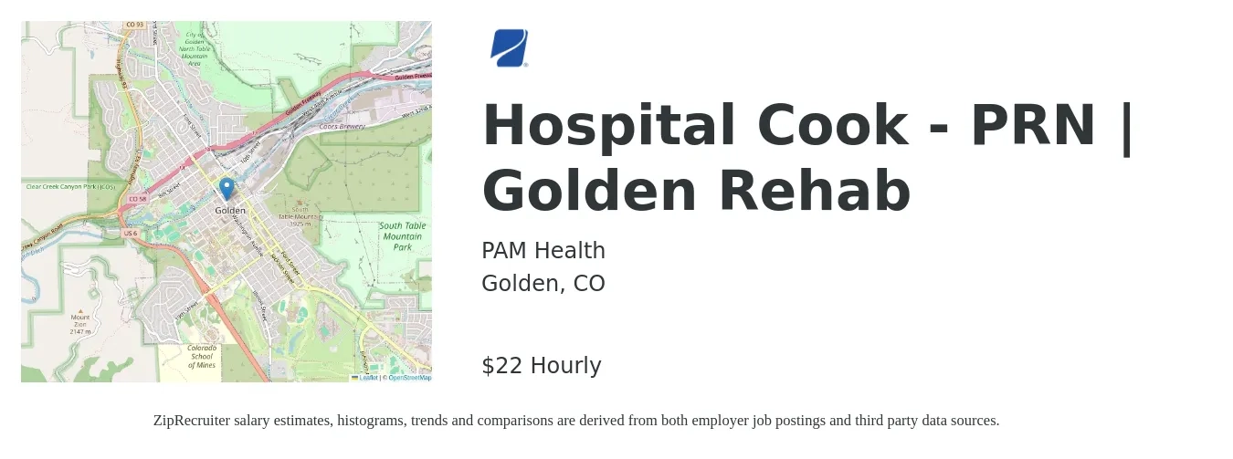 PAM Health job posting for a Hospital Cook - PRN | Golden Rehab in Golden, CO with a salary of $23 Hourly with a map of Golden location.
