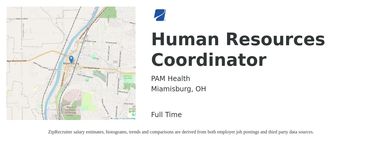 PAM Health job posting for a Human Resources Coordinator in Miamisburg, OH with a salary of $19 to $25 Hourly with a map of Miamisburg location.