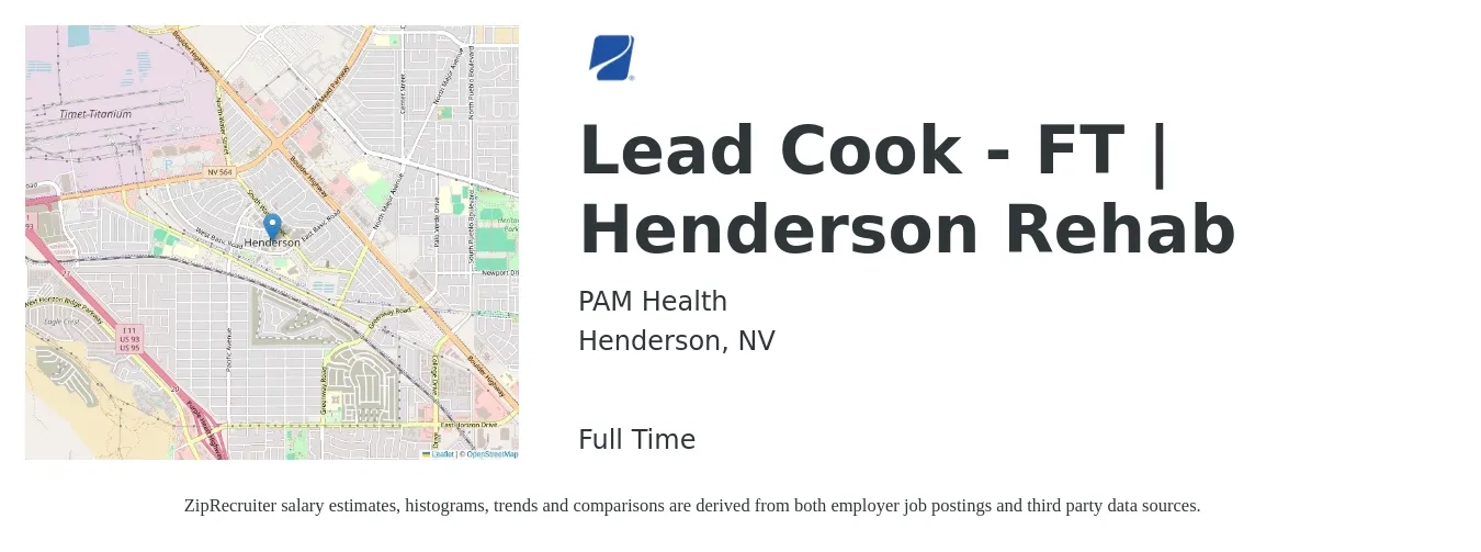 PAM Health job posting for a Lead Cook - FT | Henderson Rehab in Henderson, NV with a salary of $17 to $21 Hourly with a map of Henderson location.