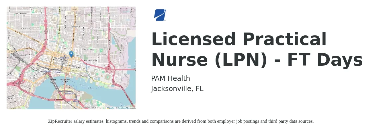 PAM Health job posting for a Licensed Practical Nurse (LPN) - FT Days in Jacksonville, FL with a salary of $24 to $32 Hourly with a map of Jacksonville location.