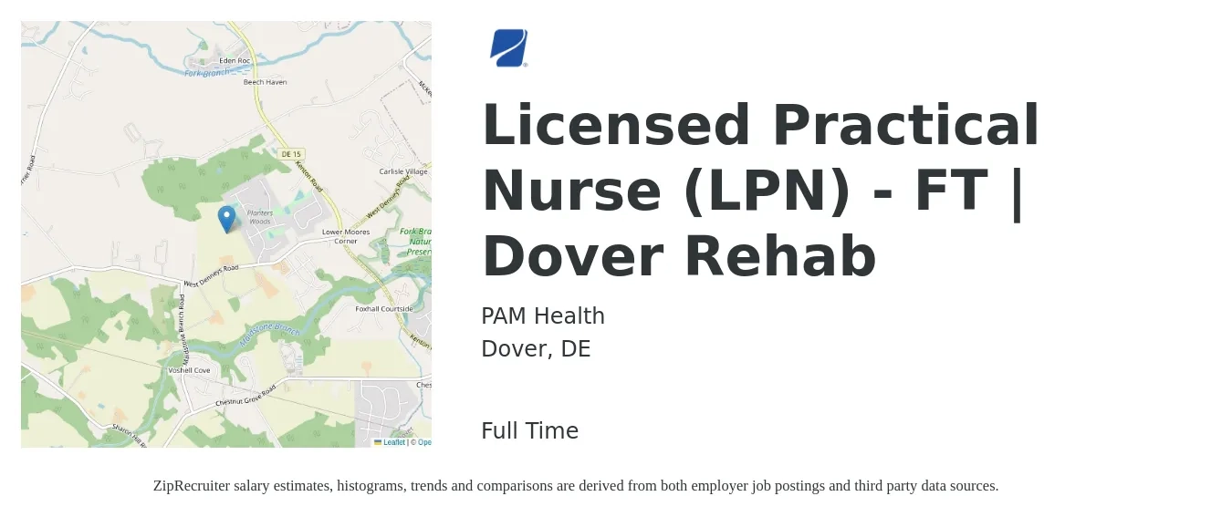 PAM Health job posting for a Licensed Practical Nurse (LPN) - FT | Dover Rehab in Dover, DE with a salary of $20 to $28 Hourly with a map of Dover location.