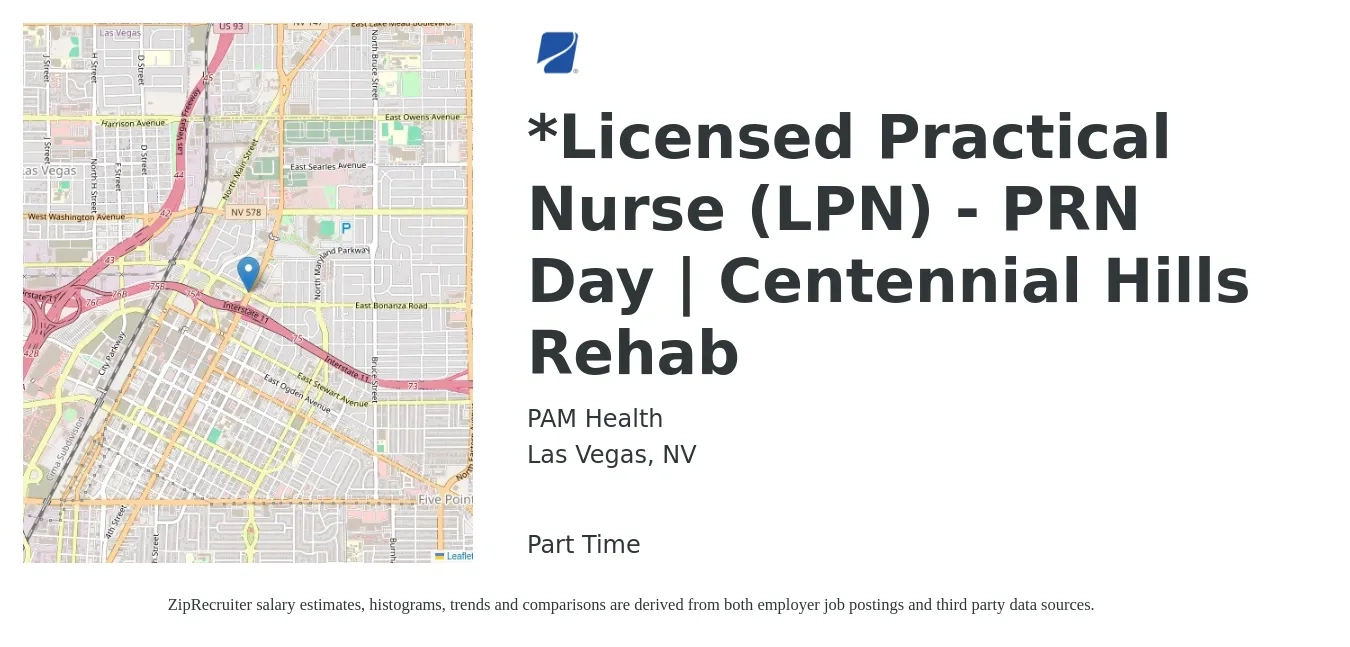 PAM Health job posting for a *Licensed Practical Nurse (LPN) - PRN Day | Centennial Hills Rehab in Las Vegas, NV with a salary of $22 to $30 Hourly with a map of Las Vegas location.