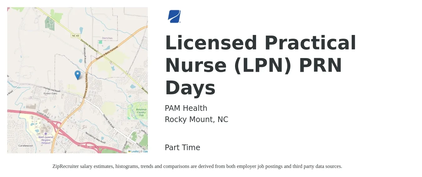 PAM Health job posting for a Licensed Practical Nurse (LPN) PRN Days in Rocky Mount, NC with a salary of $22 to $30 Hourly with a map of Rocky Mount location.