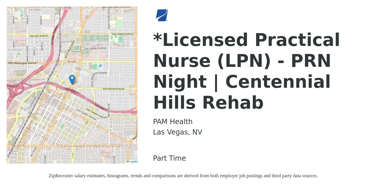 PAM Health job posting for a *Licensed Practical Nurse (LPN) - PRN Night | Centennial Hills Rehab in Las Vegas, NV with a salary of $22 to $30 Hourly with a map of Las Vegas location.