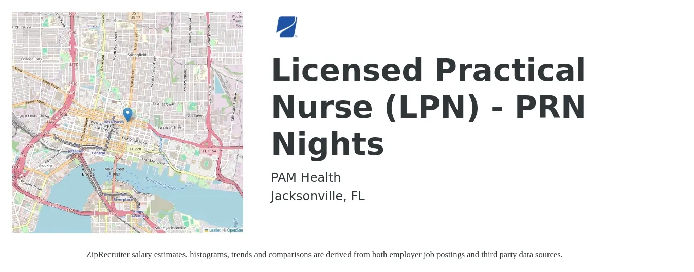PAM Health job posting for a Licensed Practical Nurse (LPN) - PRN Nights in Jacksonville, FL with a salary of $24 to $32 Hourly with a map of Jacksonville location.