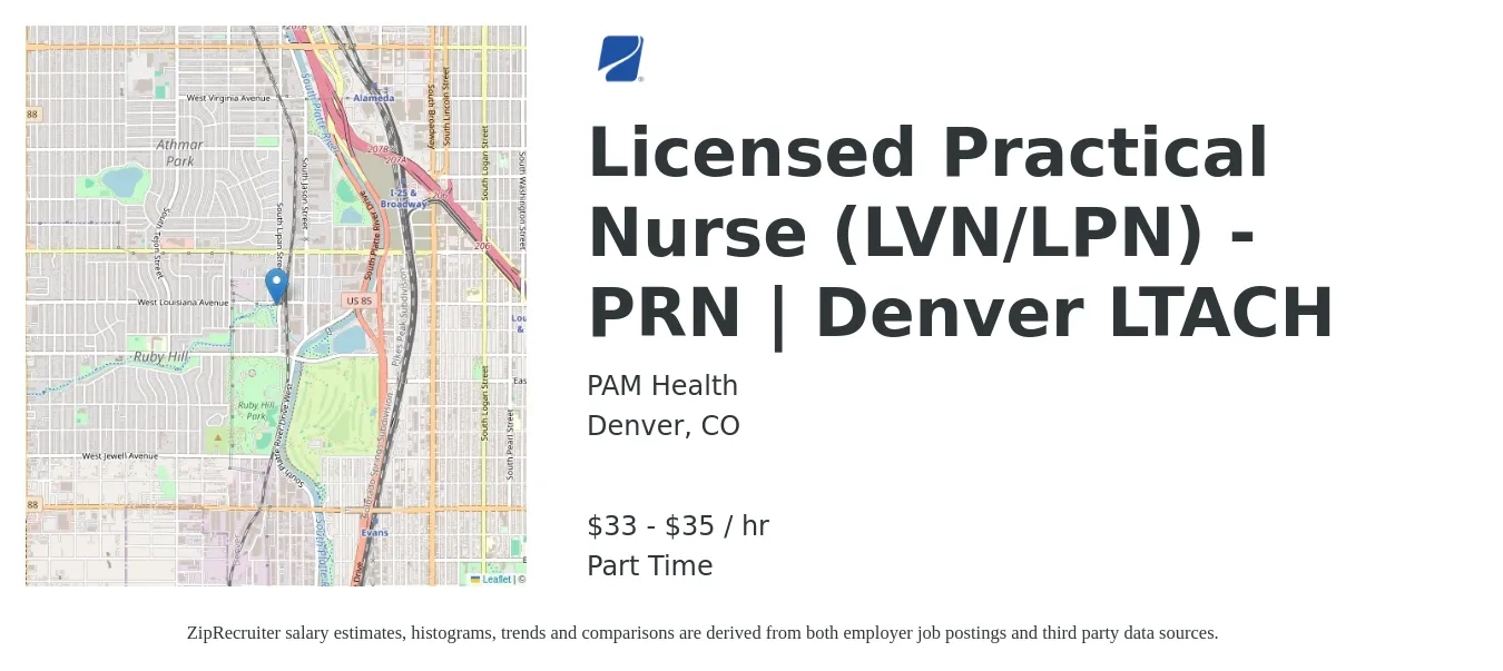 PAM Health job posting for a Licensed Practical Nurse (LVN/LPN) - PRN | Denver LTACH in Denver, CO with a salary of $35 to $37 Hourly with a map of Denver location.
