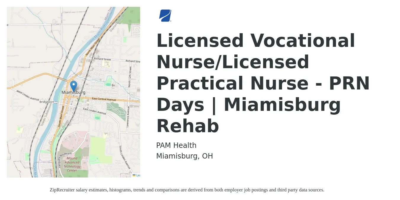 PAM Health job posting for a Licensed Vocational Nurse/Licensed Practical Nurse - PRN Days | Miamisburg Rehab in Miamisburg, OH with a salary of $1,080 to $1,520 Weekly with a map of Miamisburg location.