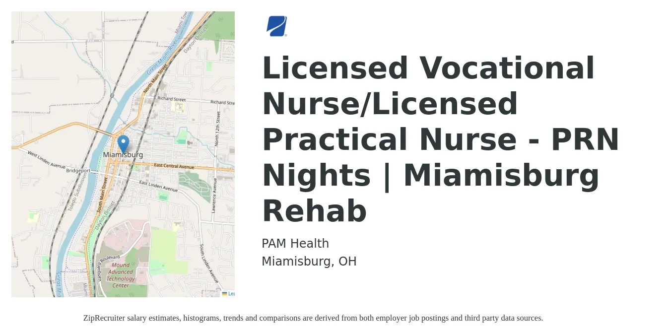 PAM Health job posting for a Licensed Vocational Nurse/Licensed Practical Nurse - PRN Nights | Miamisburg Rehab in Miamisburg, OH with a salary of $1,080 to $1,520 Weekly with a map of Miamisburg location.