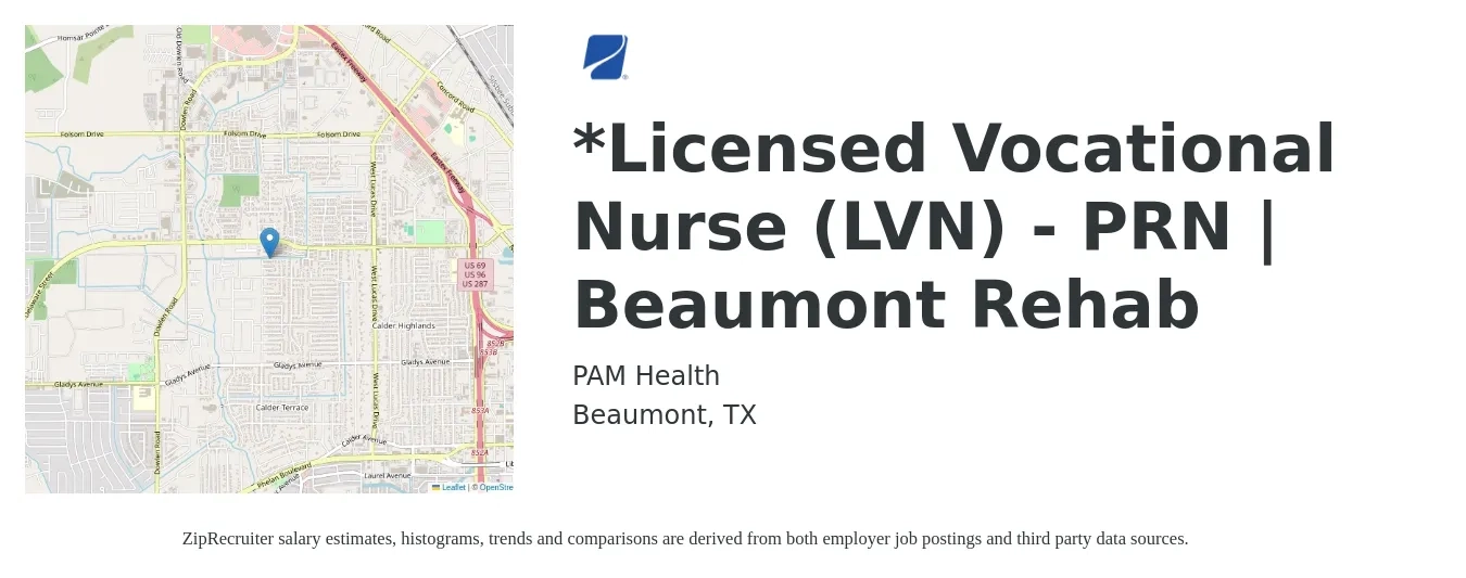 PAM Health job posting for a Licensed Vocational Nurse (LVN) - PRN | Beaumont Rehab in Beaumont, TX with a salary of $22 to $30 Hourly with a map of Beaumont location.