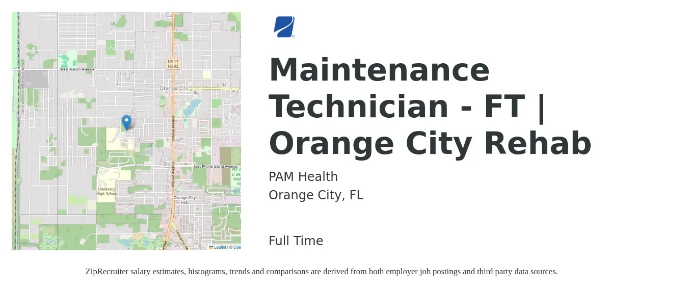 PAM Health job posting for a Maintenance Technician - FT | Orange City Rehab in Orange City, FL with a salary of $17 to $23 Hourly with a map of Orange City location.