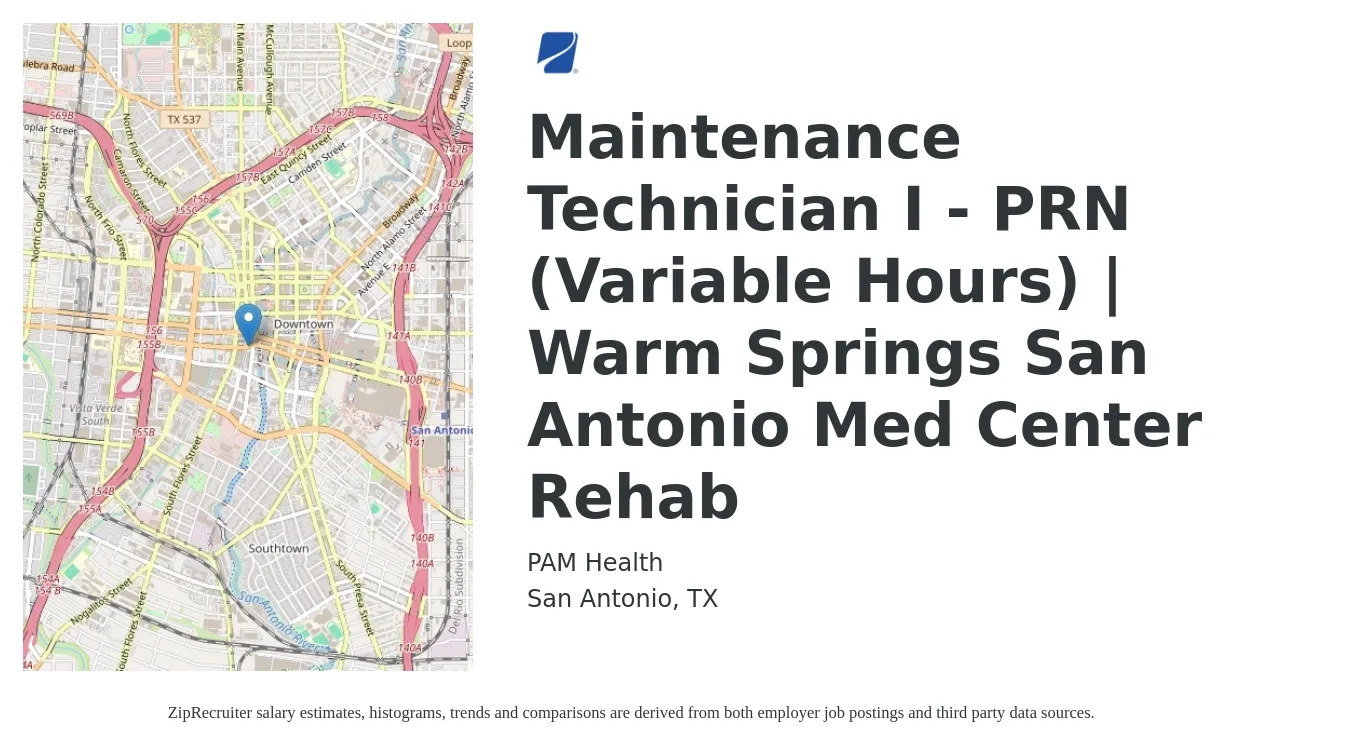 PAM Health job posting for a Maintenance Technician I - PRN (Variable Hours) | Warm Springs San Antonio Med Center Rehab in San Antonio, TX with a salary of $16 to $23 Hourly with a map of San Antonio location.