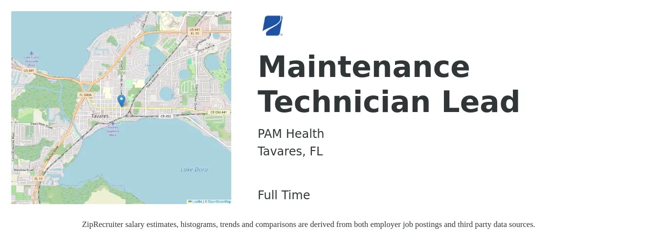 PAM Health job posting for a Maintenance Technician Lead in Tavares, FL with a salary of $20 to $27 Hourly with a map of Tavares location.