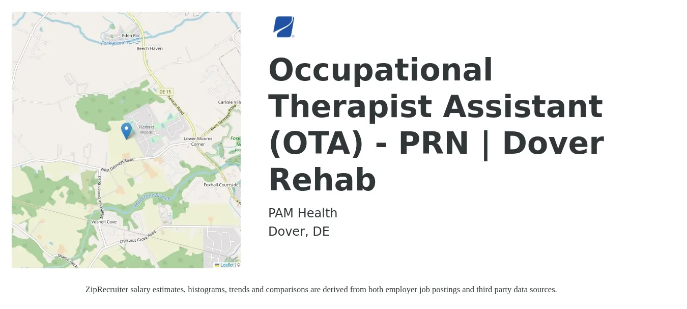 PAM Health job posting for a Occupational Therapist Assistant (OTA) - PRN | Dover Rehab in Dover, DE with a salary of $21 to $28 Hourly with a map of Dover location.