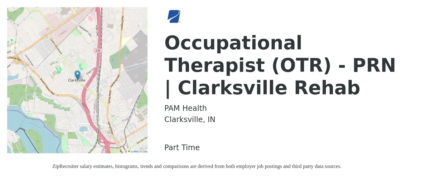 PAM Health job posting for a Occupational Therapist (OTR) - PRN | Clarksville Rehab in Clarksville, IN with a salary of $36 to $48 Hourly with a map of Clarksville location.