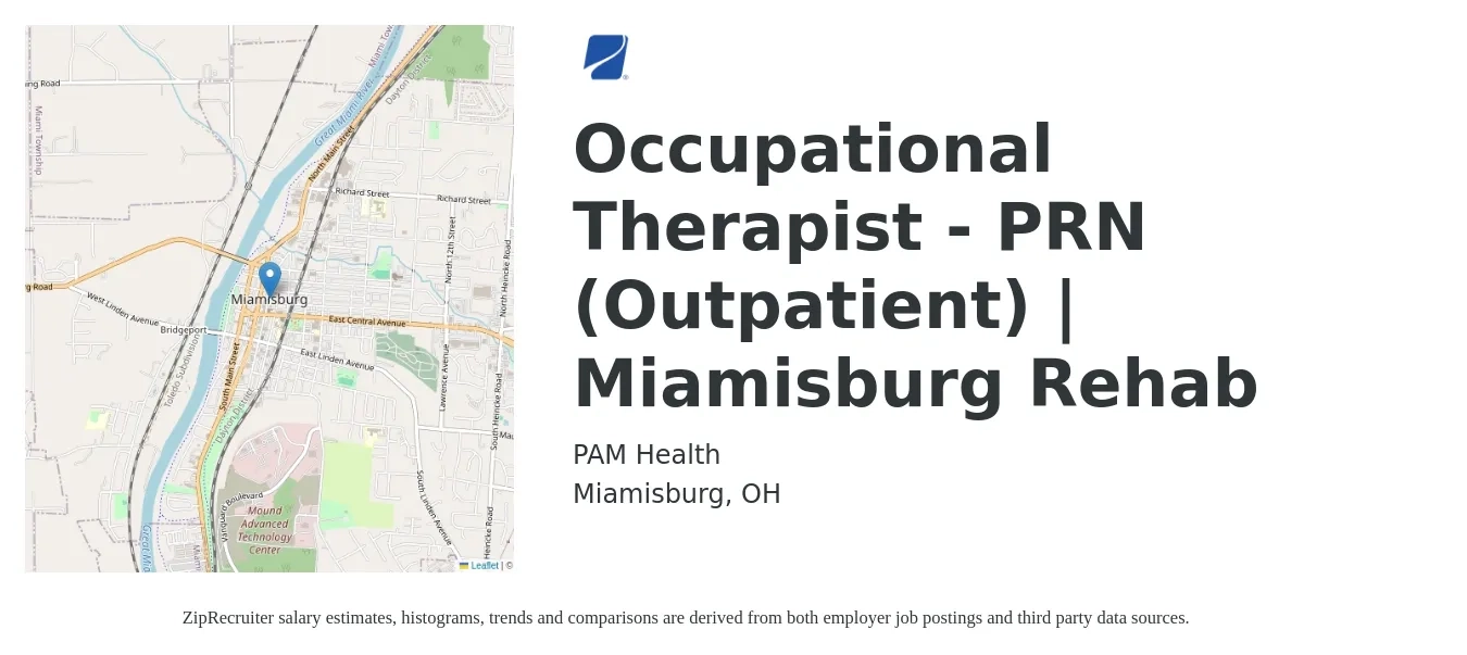 PAM Health job posting for a Occupational Therapist - PRN (Outpatient) | Miamisburg Rehab in Miamisburg, OH with a salary of $36 to $48 Hourly with a map of Miamisburg location.