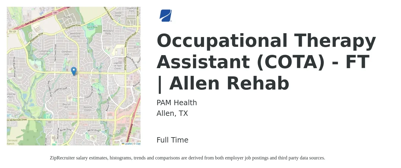 PAM Health job posting for a Occupational Therapy Assistant (COTA) - FT | Allen Rehab in Allen, TX with a salary of $26 to $35 Hourly with a map of Allen location.