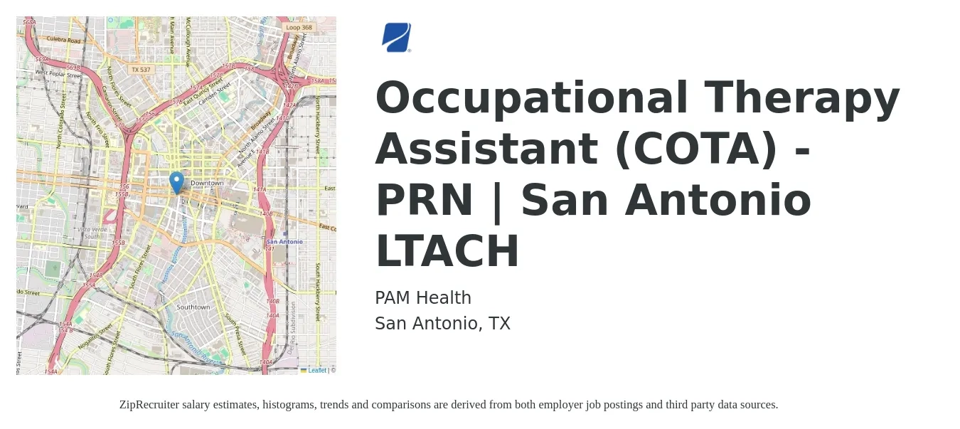 PAM Health job posting for a Occupational Therapy Assistant (COTA) - PRN | San Antonio LTACH in San Antonio, TX with a salary of $26 to $34 Hourly with a map of San Antonio location.