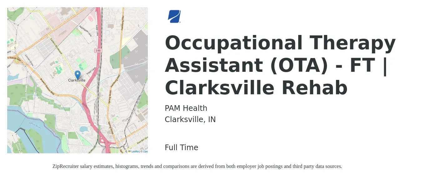 PAM Health job posting for a Occupational Therapy Assistant (OTA) - FT | Clarksville Rehab in Clarksville, IN with a salary of $26 to $34 Hourly with a map of Clarksville location.