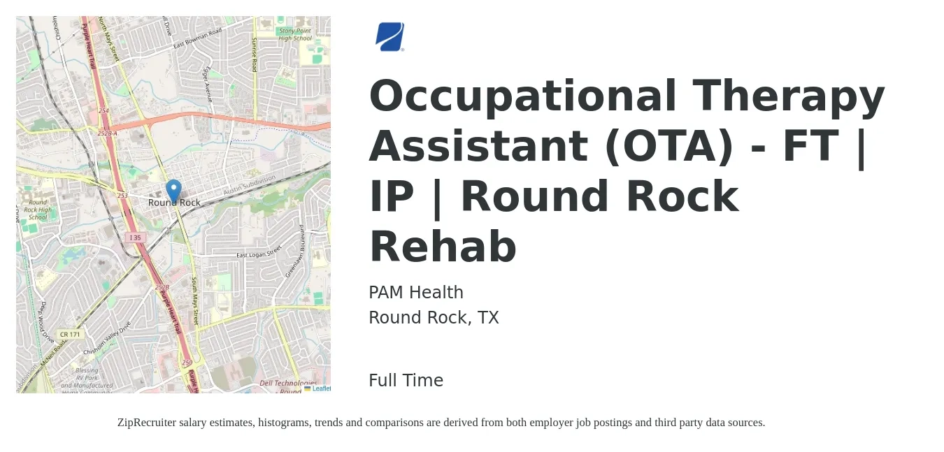 PAM Health job posting for a Occupational Therapy Assistant (OTA) - FT | IP | Round Rock Rehab in Round Rock, TX with a salary of $26 to $35 Hourly with a map of Round Rock location.