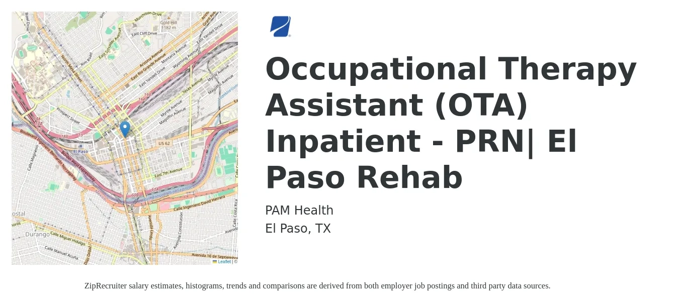 PAM Health job posting for a Occupational Therapy Assistant (OTA) Inpatient - PRN| El Paso Rehab in El Paso, TX with a salary of $24 to $32 Hourly with a map of El Paso location.