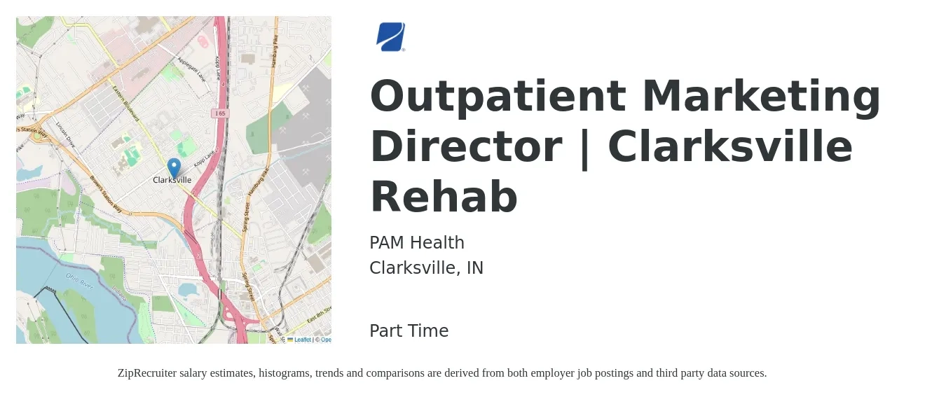 PAM Health job posting for a Outpatient Marketing Director | Clarksville Rehab in Clarksville, IN with a salary of $64,000 to $118,100 Yearly with a map of Clarksville location.