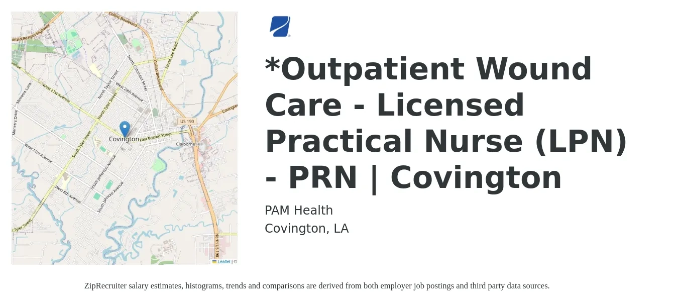 PAM Health job posting for a *Outpatient Wound Care - Licensed Practical Nurse (LPN) - PRN | Covington in Covington, LA with a salary of $22 to $30 Hourly with a map of Covington location.