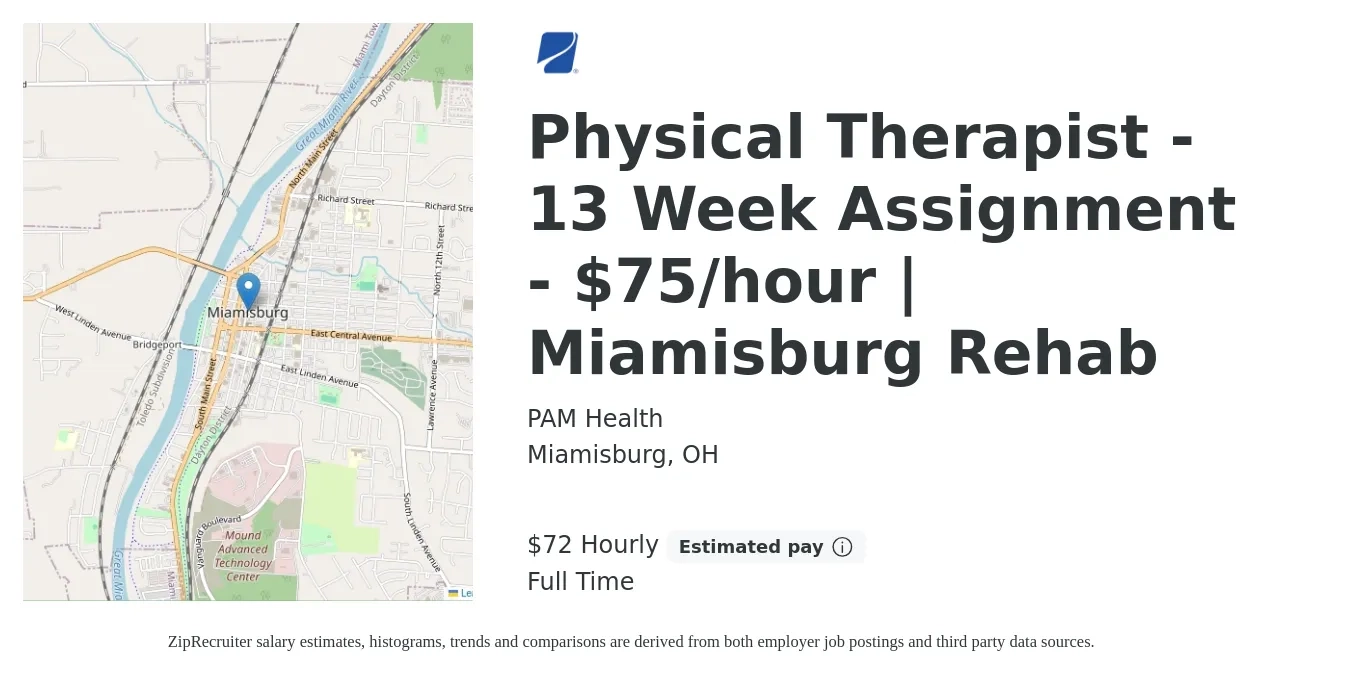 PAM Health job posting for a Physical Therapist - 13 Week Assignment - $75/hour | Miamisburg Rehab in Miamisburg, OH with a salary of $75 Hourly with a map of Miamisburg location.