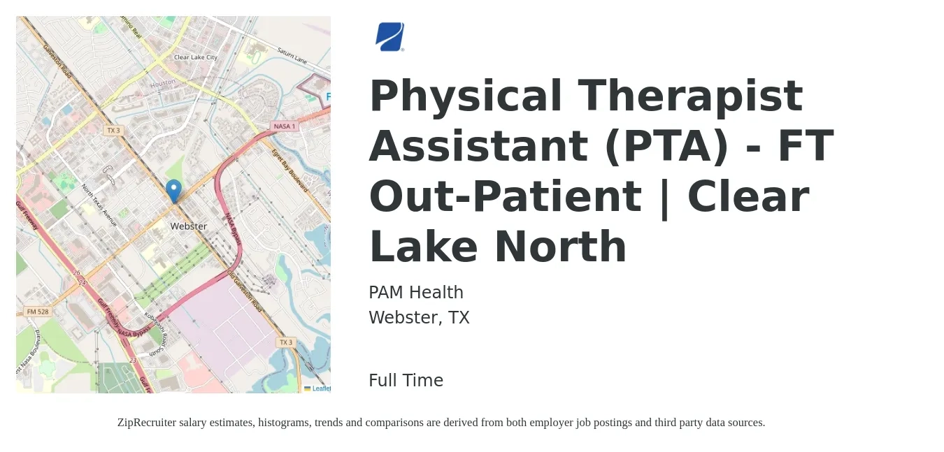 PAM Health job posting for a Physical Therapist Assistant (PTA) - FT Out-Patient | Clear Lake North in Webster, TX with a salary of $24 to $32 Hourly with a map of Webster location.