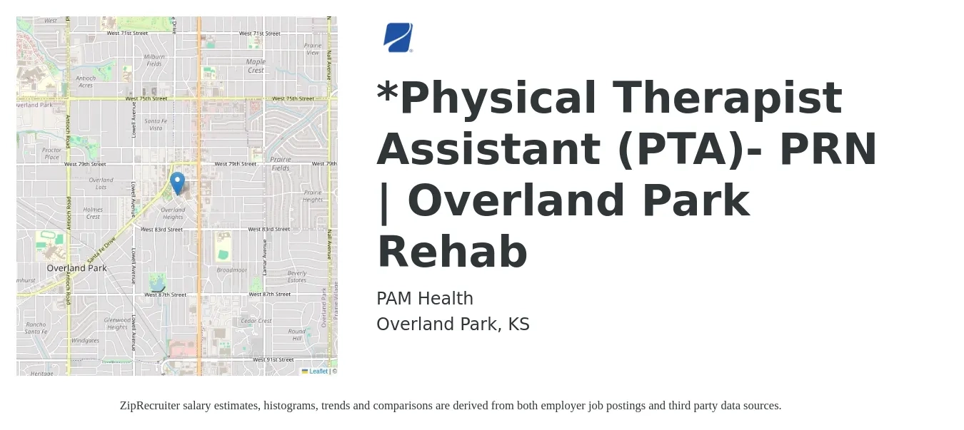 PAM Health job posting for a *Physical Therapist Assistant (PTA)- PRN | Overland Park Rehab in Overland Park, KS with a salary of $28 to $36 Hourly with a map of Overland Park location.