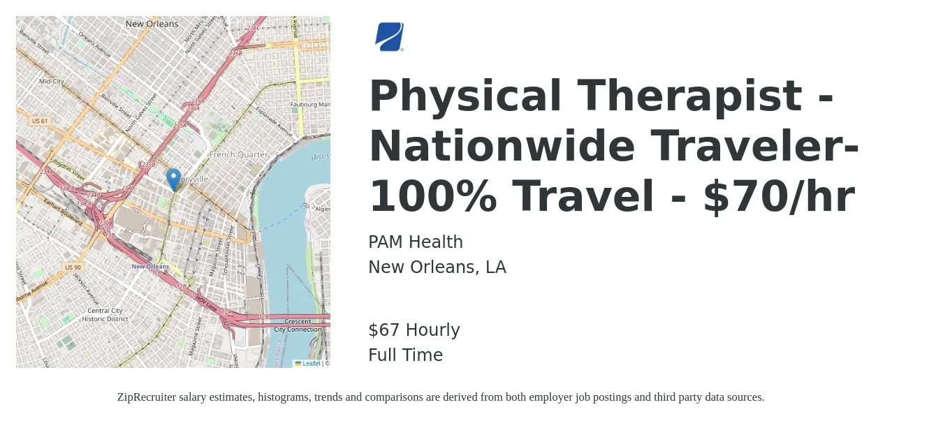 PAM Health job posting for a Physical Therapist - Nationwide Traveler-100% Travel - $70/hr in New Orleans, LA with a salary of $70 Hourly with a map of New Orleans location.