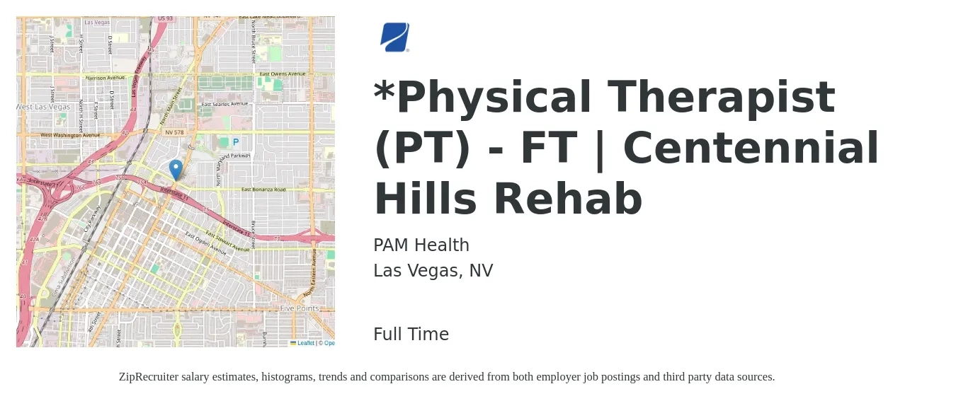 PAM Health job posting for a *Physical Therapist (PT) - FT | Centennial Hills Rehab in Las Vegas, NV with a salary of $1,420 to $1,840 Weekly with a map of Las Vegas location.