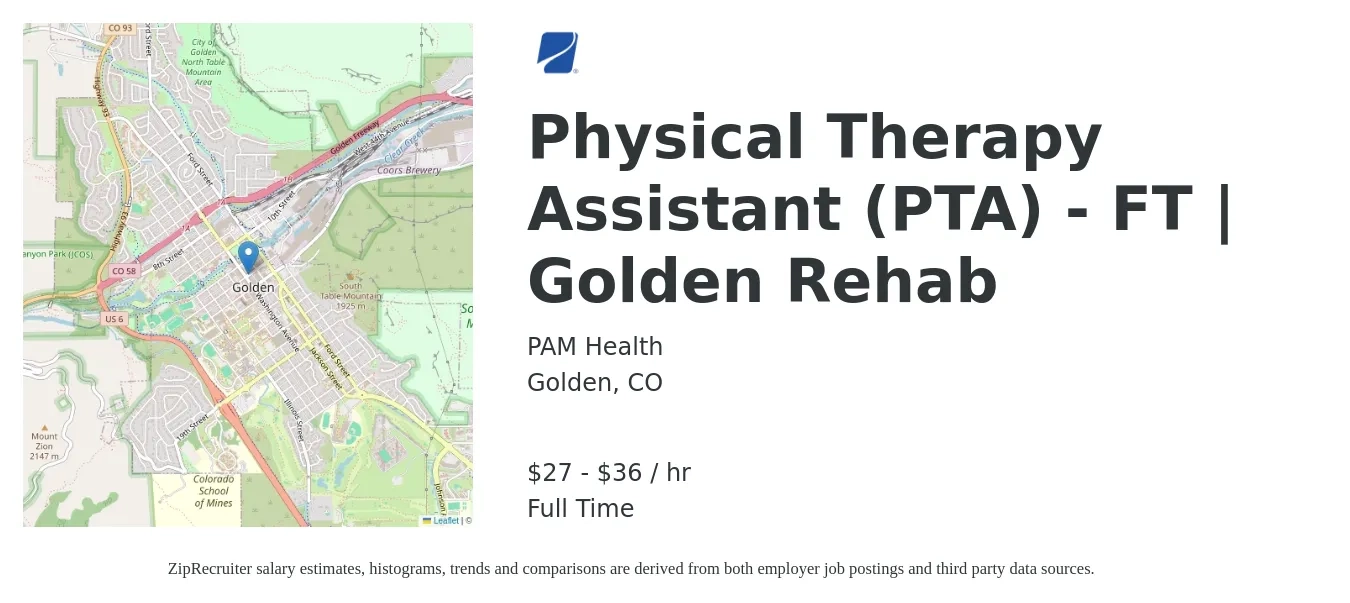PAM Health job posting for a Physical Therapy Assistant (PTA) - FT | Golden Rehab in Golden, CO with a salary of $29 to $38 Hourly with a map of Golden location.