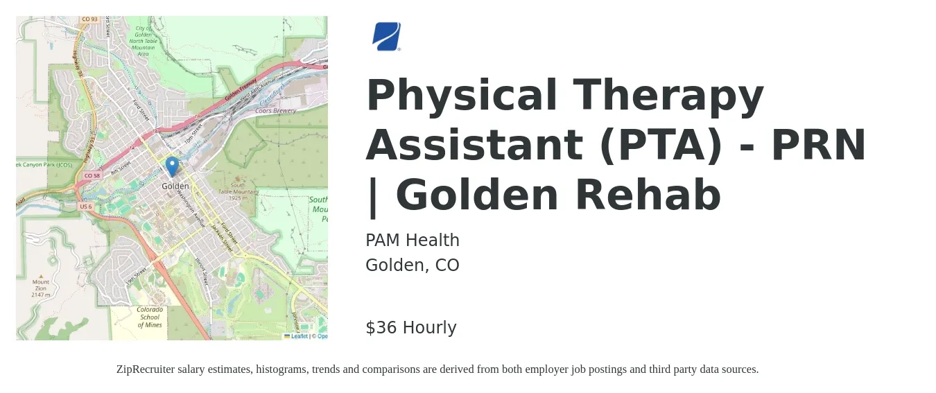 PAM Health job posting for a Physical Therapy Assistant (PTA) - PRN | Golden Rehab in Golden, CO with a salary of $35 Hourly with a map of Golden location.