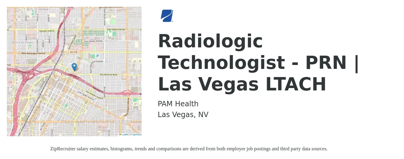 PAM Health job posting for a *Radiologic Technologist - PRN | Las Vegas LTACH in Las Vegas, NV with a salary of $1,100 to $2,290 Weekly with a map of Las Vegas location.