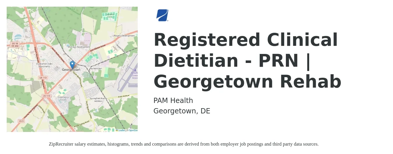 PAM Health job posting for a Registered Clinical Dietitian - PRN | Georgetown Rehab in Georgetown, DE with a salary of $26 to $39 Hourly with a map of Georgetown location.