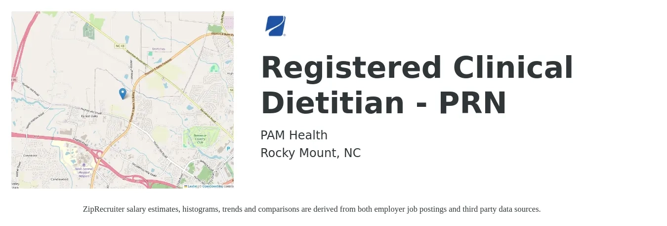 PAM Health job posting for a Registered Clinical Dietitian - PRN in Rocky Mount, NC with a salary of $25 to $36 Hourly with a map of Rocky Mount location.