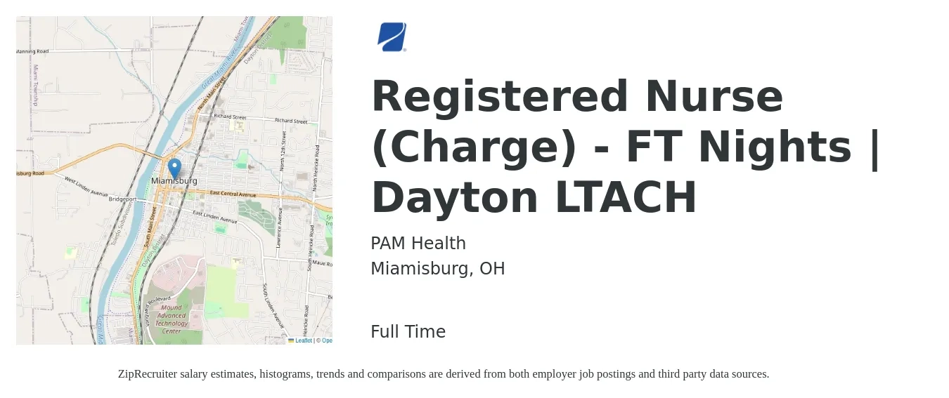 PAM Health job posting for a Registered Nurse (Charge) - FT Nights | Dayton LTACH in Miamisburg, OH with a map of Miamisburg location.