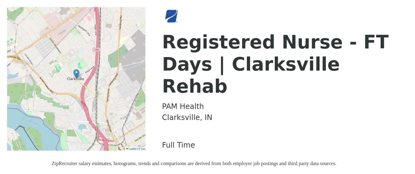 PAM Health job posting for a Registered Nurse - FT Days | Clarksville Rehab in Clarksville, IN with a salary of $32 to $49 Hourly with a map of Clarksville location.