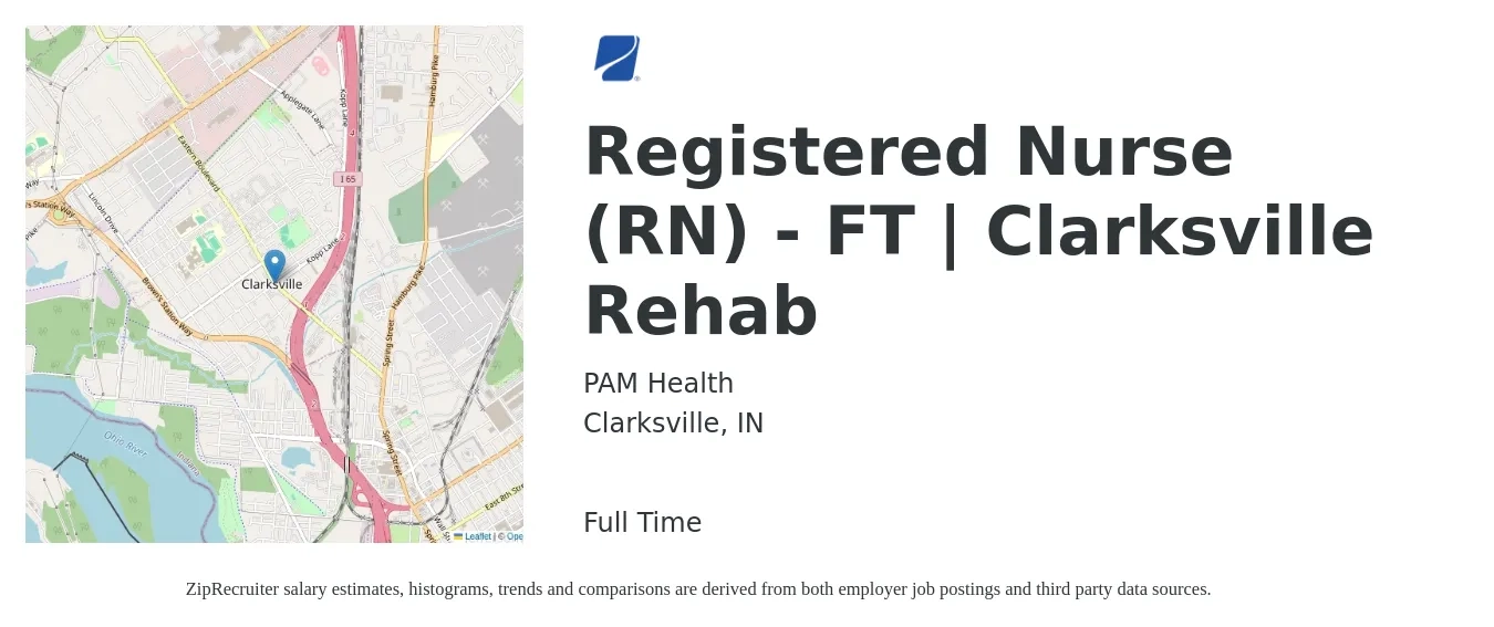 PAM Health job posting for a Registered Nurse (RN) - FT | Clarksville Rehab in Clarksville, IN with a salary of $32 to $49 Hourly with a map of Clarksville location.