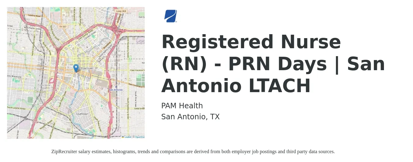 PAM Health job posting for a Registered Nurse (RN) - PRN Days | San Antonio LTACH in San Antonio, TX with a salary of $32 to $49 Hourly with a map of San Antonio location.