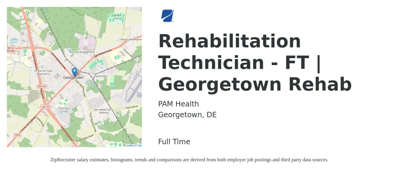PAM Health job posting for a Rehabilitation Technician - FT | Georgetown Rehab in Georgetown, DE with a salary of $14 to $20 Hourly with a map of Georgetown location.