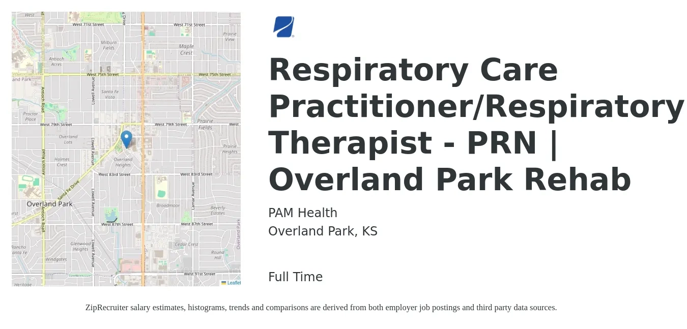 PAM Health job posting for a Respiratory Care Practitioner/Respiratory Therapist - PRN | Overland Park Rehab in Overland Park, KS with a salary of $34 to $49 Hourly with a map of Overland Park location.