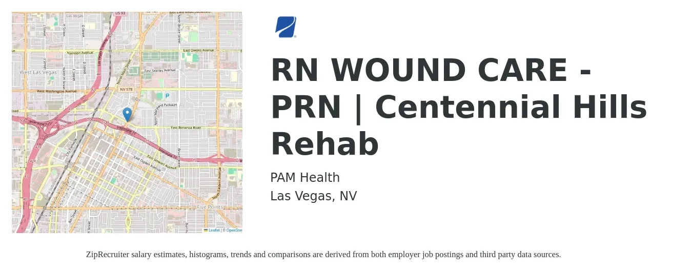 PAM Health job posting for a *RN WOUND CARE - PRN | Centennial Hills Rehab in Las Vegas, NV with a salary of $30 to $56 Hourly with a map of Las Vegas location.