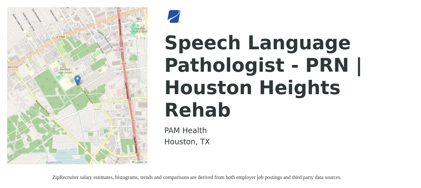 PAM Health job posting for a *Speech Language Pathologist - PRN | Houston Heights Rehab in Houston, TX with a salary of $36 to $51 Hourly with a map of Houston location.