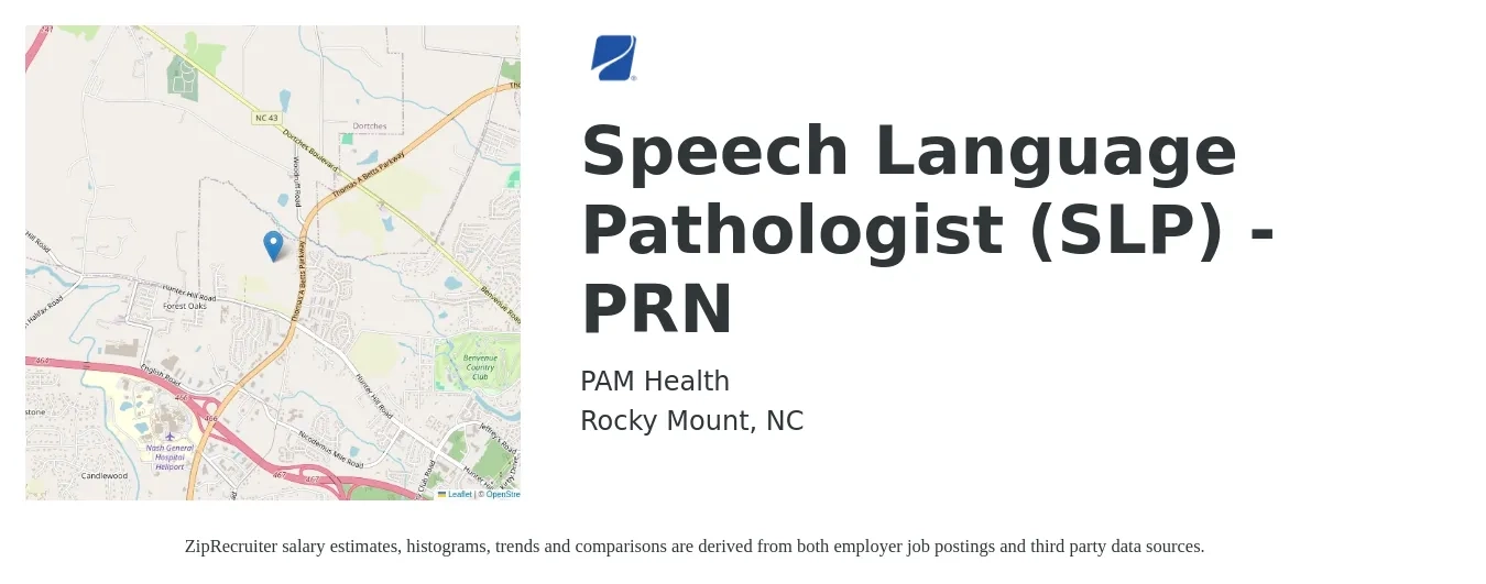 PAM Health job posting for a Speech Language Pathologist (SLP) - PRN in Rocky Mount, NC with a salary of $32 to $46 Hourly with a map of Rocky Mount location.