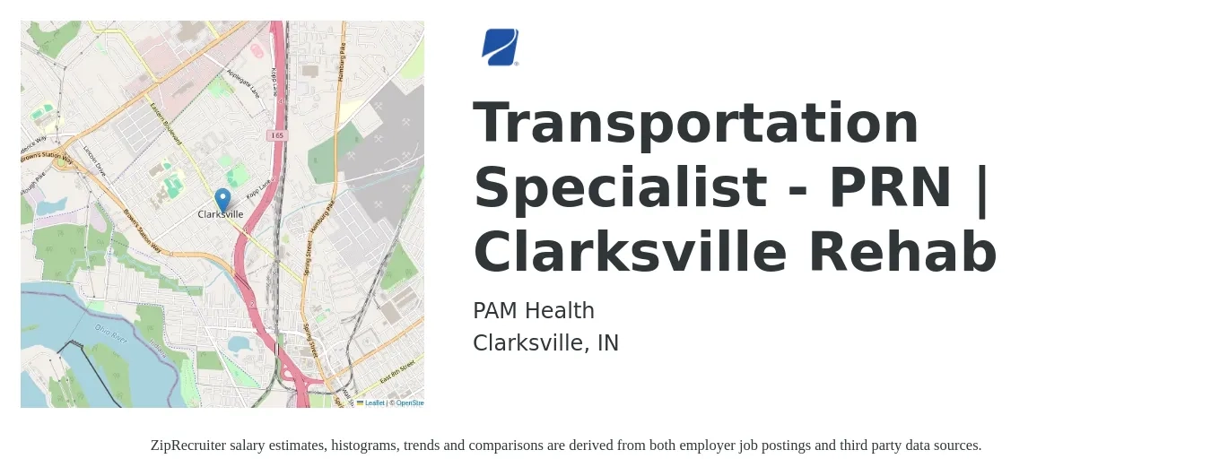 PAM Health job posting for a Transportation Specialist - PRN | Clarksville Rehab in Clarksville, IN with a salary of $62,200 to $88,800 Yearly with a map of Clarksville location.