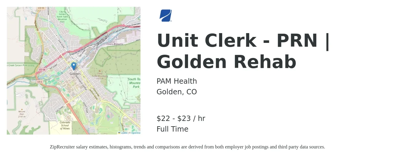 PAM Health job posting for a Unit Clerk - PRN | Golden Rehab in Golden, CO with a salary of $23 to $24 Hourly with a map of Golden location.