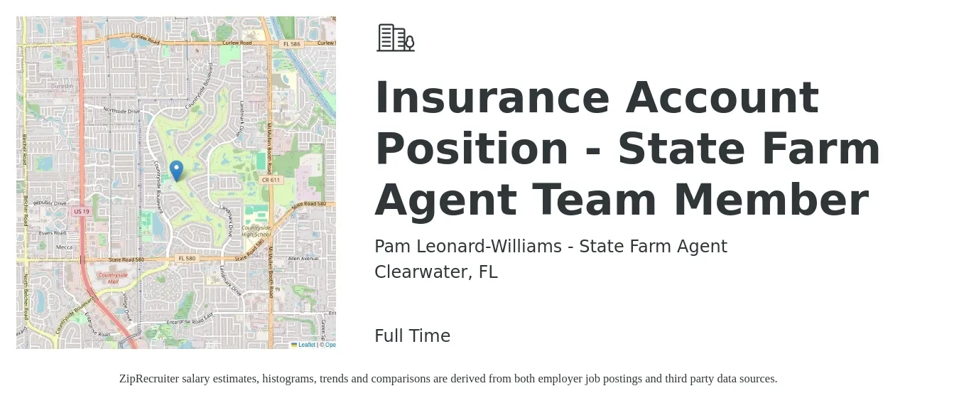Pam Leonard-Williams - State Farm Agent job posting for a Office Representative - State Farm Agent Team Member in Clearwater, FL with a salary of $33,000 to $35,000 Daily with a map of Clearwater location.