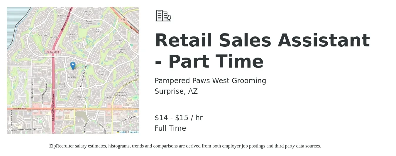 Pampered Paws West Grooming job posting for a Retail Sales Assistant - Part Time in Surprise, AZ with a salary of $15 to $16 Hourly with a map of Surprise location.