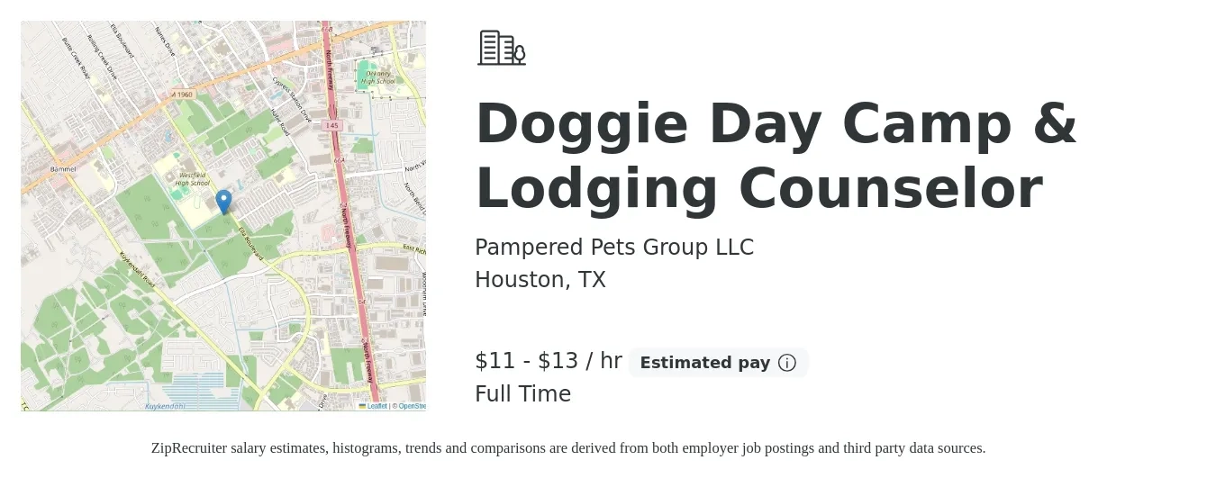 Pampered Pets Group LLC job posting for a Doggie Day Camp & Lodging Counselor in Houston, TX with a salary of $12 to $14 Hourly with a map of Houston location.